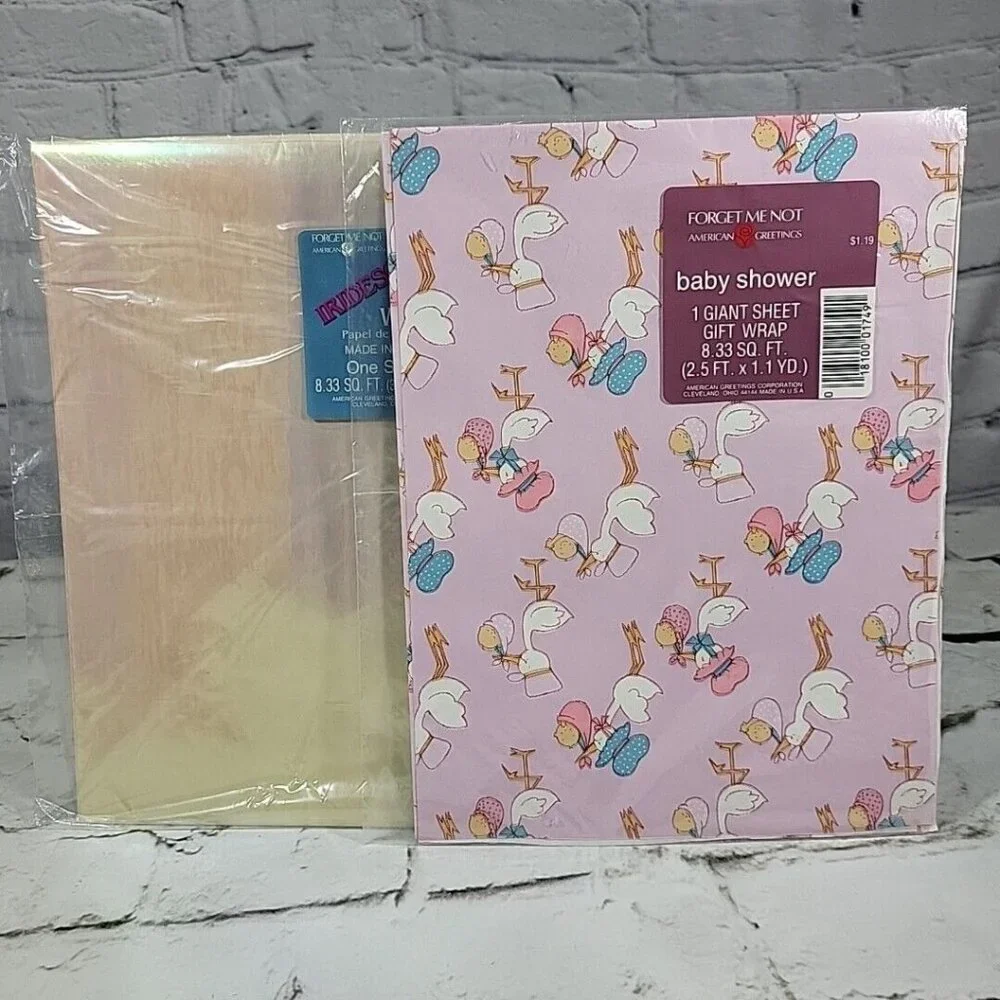 Vintage Wrapping Paper Baby Shower and Clear Iridescent Lot of 2 Packages